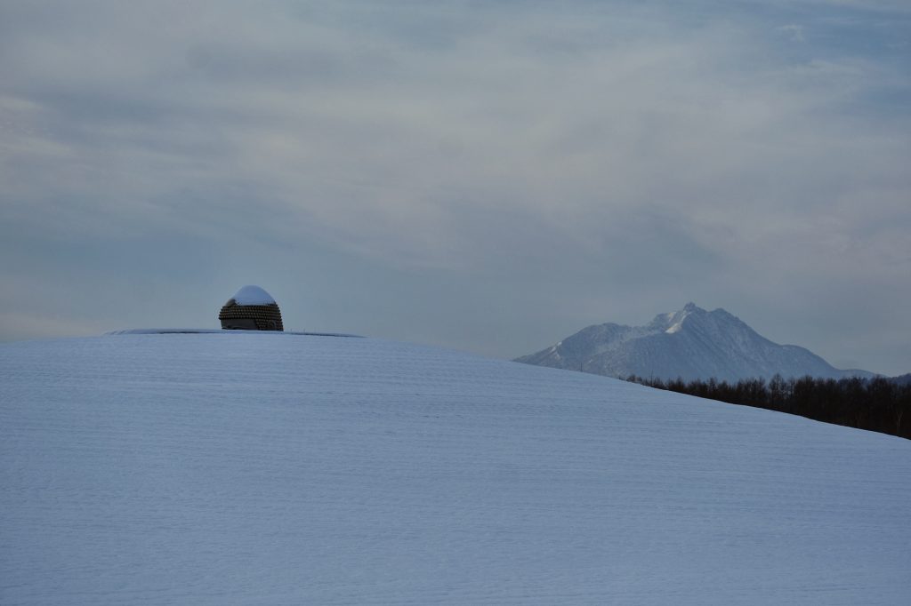 La tête émergente de Bouddha et les montagnes au loin