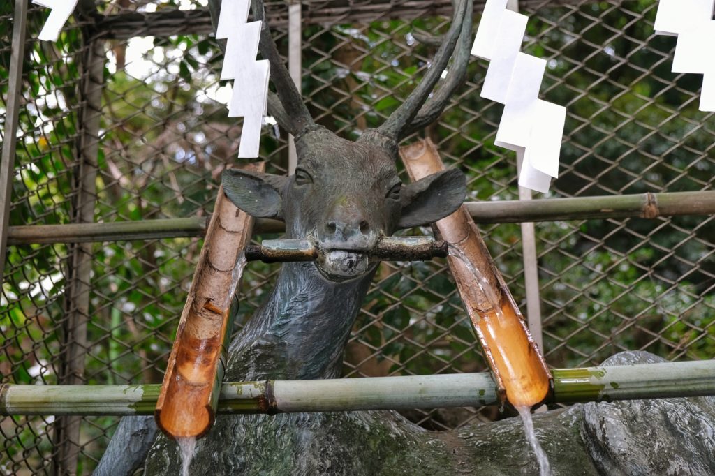 Une fontaine cerf dans le sanctuaire Hiraoka au pied du mont Ikoma