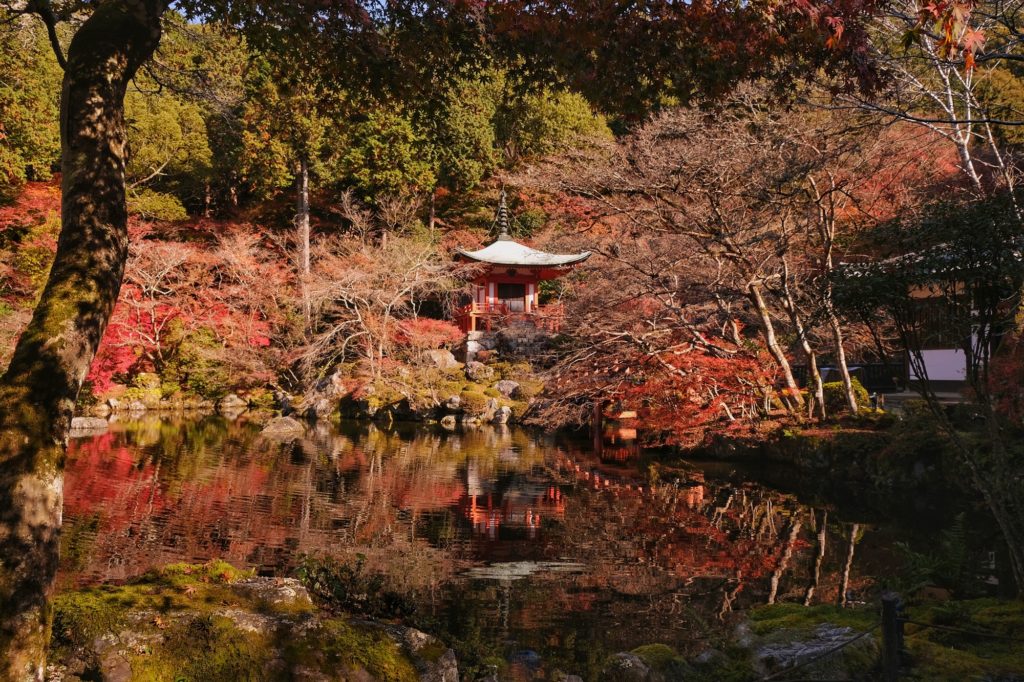 Le temple Bentendo et l'étang du Daigo-ji de Kyoto entourés d'érables rouges